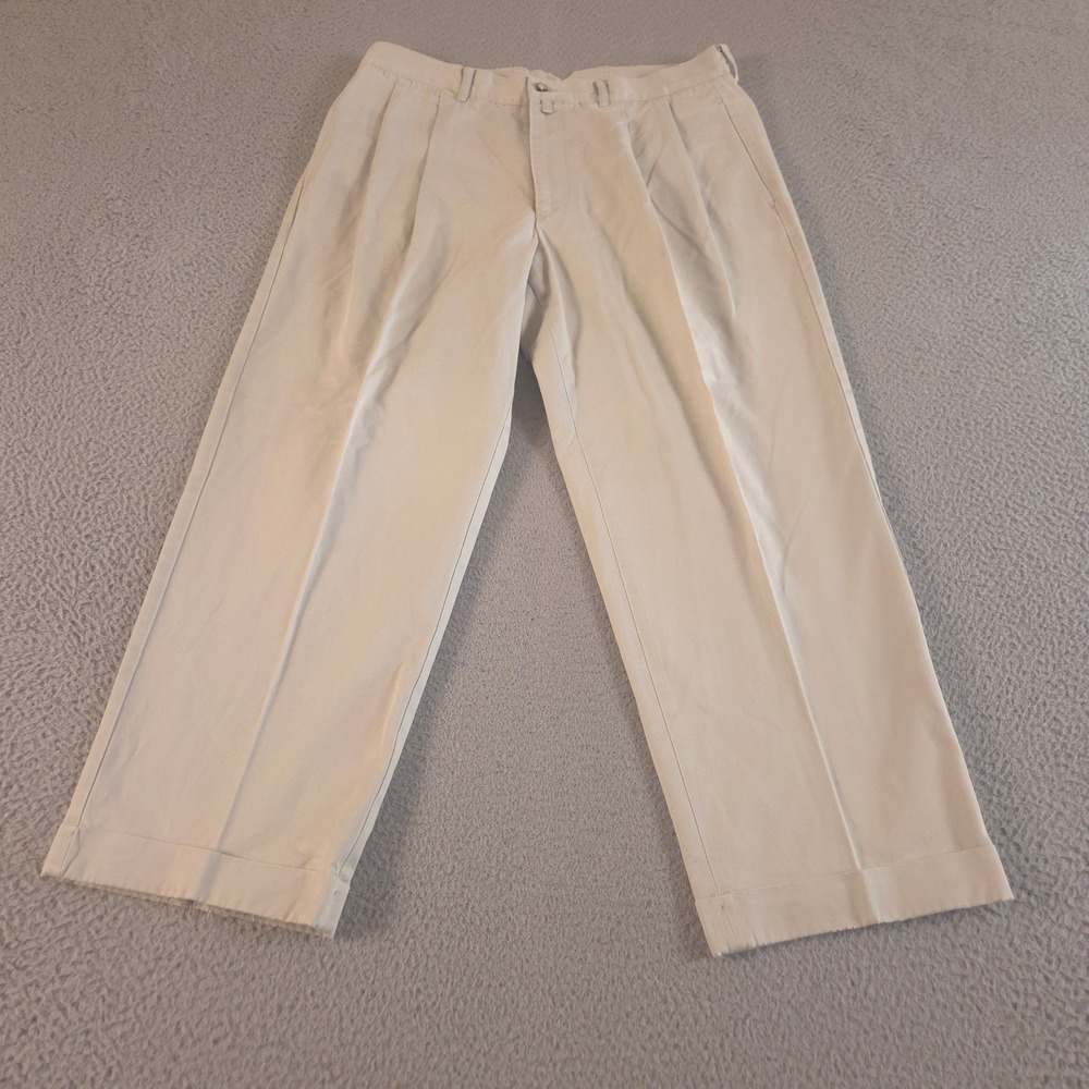 VINTAGE Faconnable Pants Mens 35x29 Beige Straight Leg Pleated Cotton Khaki 90s